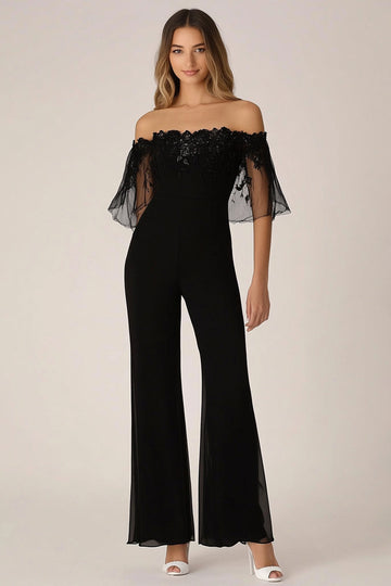 Black Off the Shoulder Chiffon formelle jumpsuits med applikasjoner